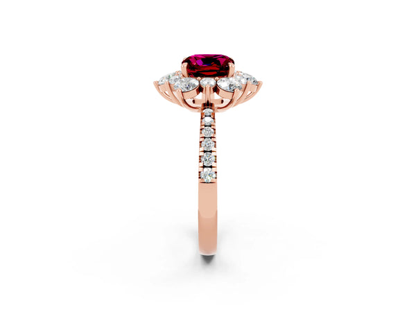 Rose gold Cushion Cut Garnet Floral Halo Ring with Round Pavé Band and Prong Setting