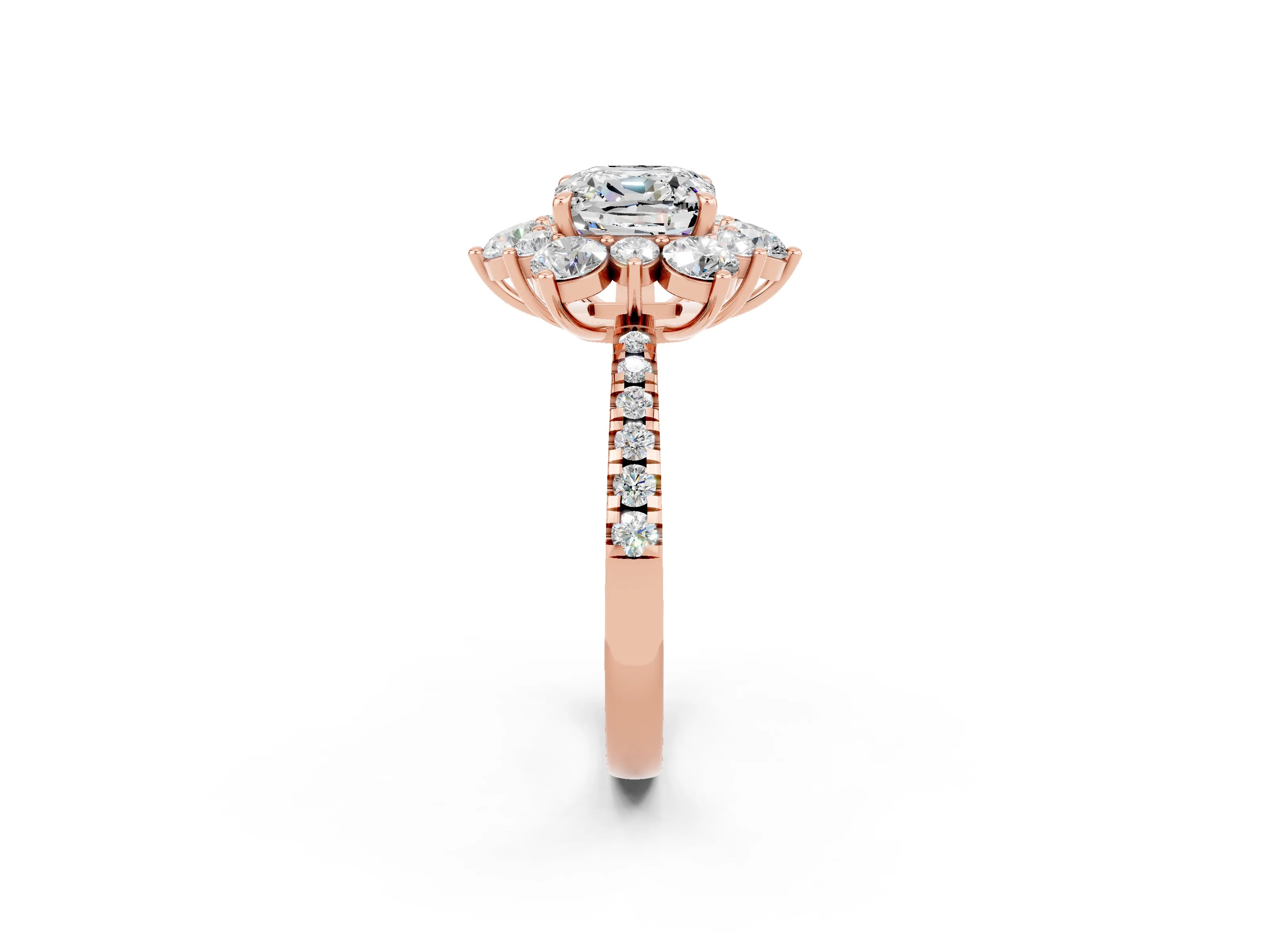 Rose gold Cushion Cut Cut Diamond Floral Halo Pave Band with Prong Setting_2