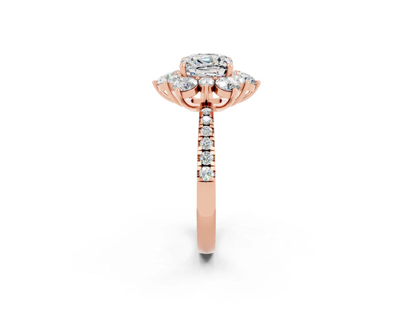 Rose gold Cushion Cut Moissanite Floral Halo Ring with Round Pavé Band and Prong Setting