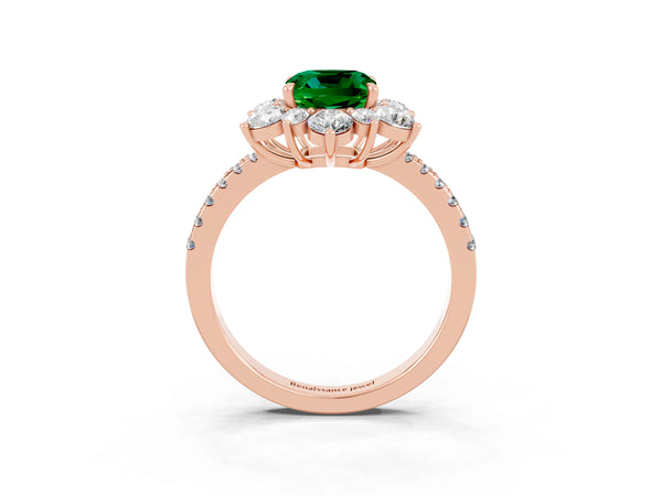 Rose gold Cushion Cut Emerald Floral Halo Ring with Round Pavé Band and Prong Setting