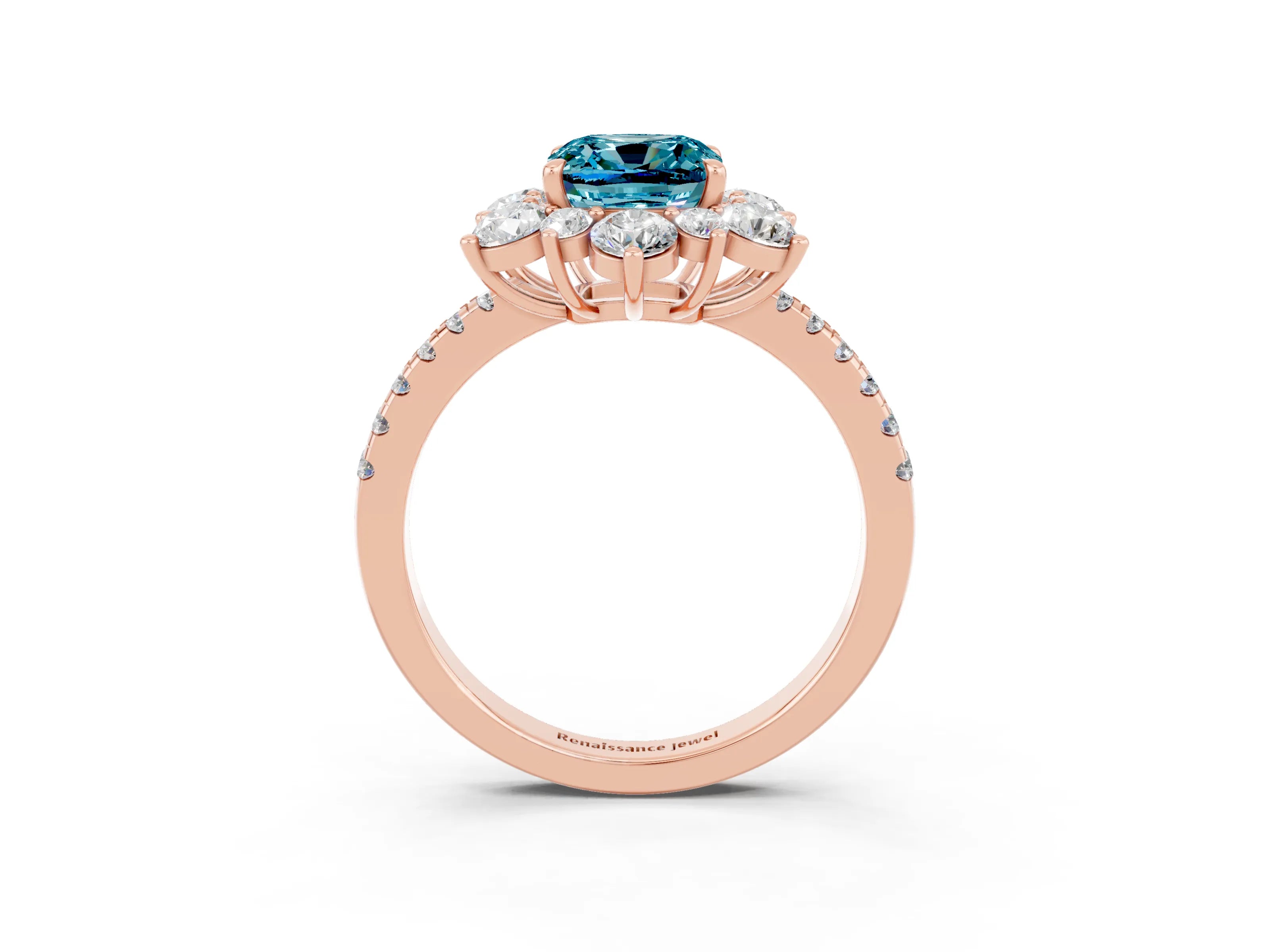 Rose gold Cushion Cut Cut Diamond Floral Halo Pave Band with Prong Setting_3