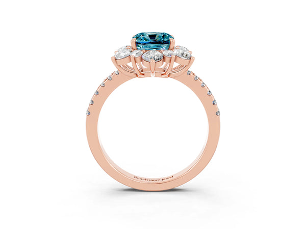 Rose gold Cushion Cut Cut Diamond Floral Halo Pave Band with Prong Setting