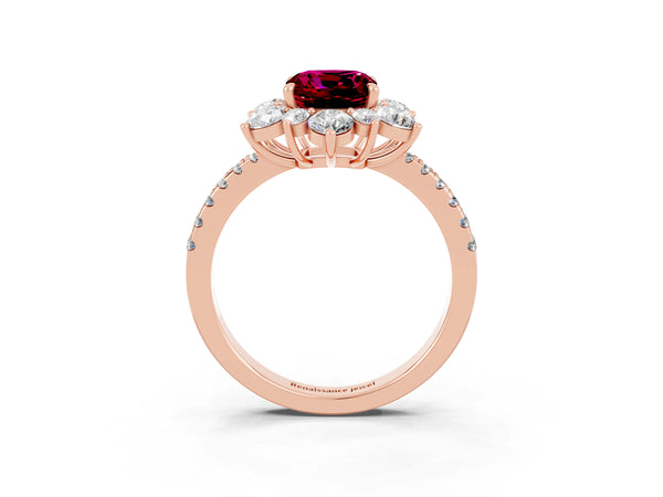 Rose gold Cushion Cut Garnet Floral Halo Ring with Round Pavé Band and Prong Setting