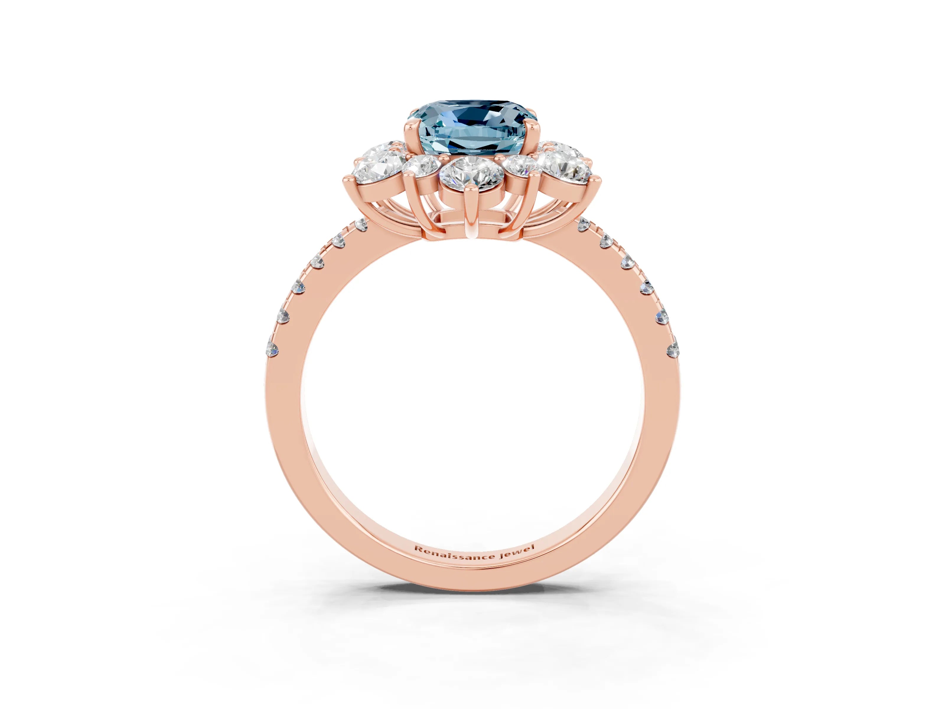 Rose gold Cushion Cut Cut Diamond Floral Halo Pave Band with Prong Setting_3