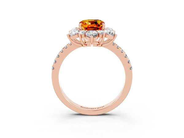Rose gold Cushion Cut Citrine Floral Halo Ring with Round Pavé Band and Prong Setting