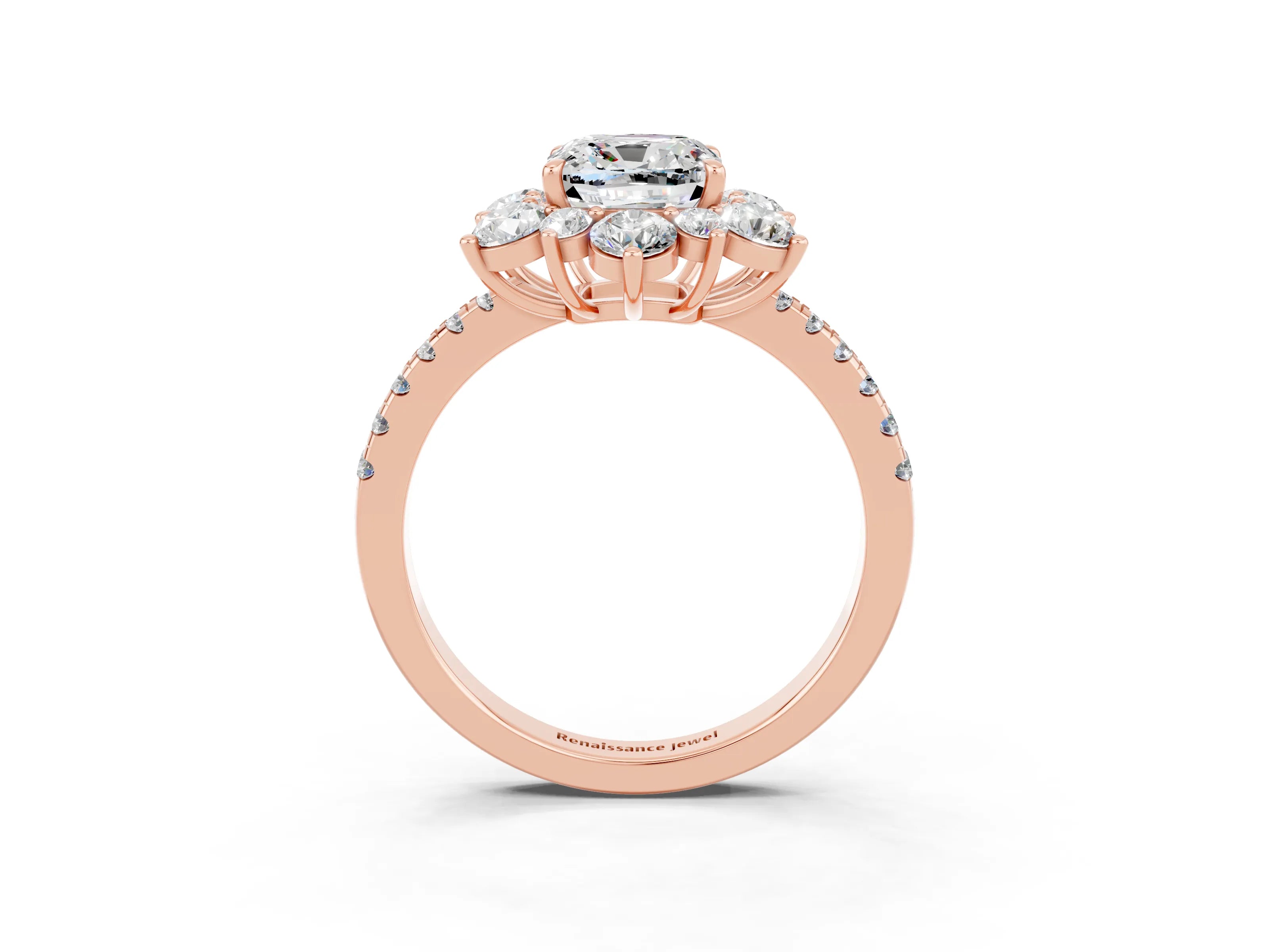Rose gold Cushion Cut Cut Diamond Floral Halo Pave Band with Prong Setting_3