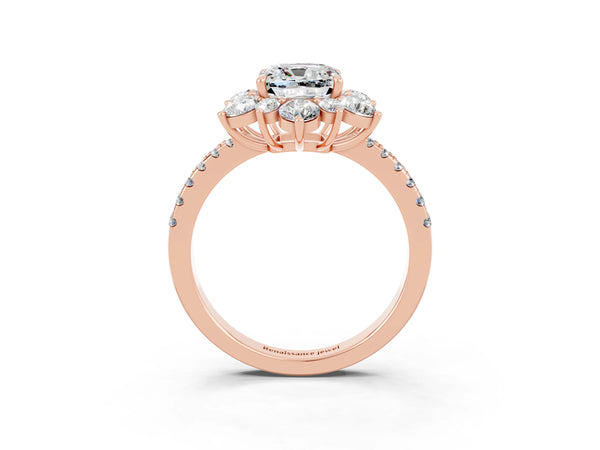 Rose gold Cushion Cut Moissanite Floral Halo Ring with Round Pavé Band and Prong Setting