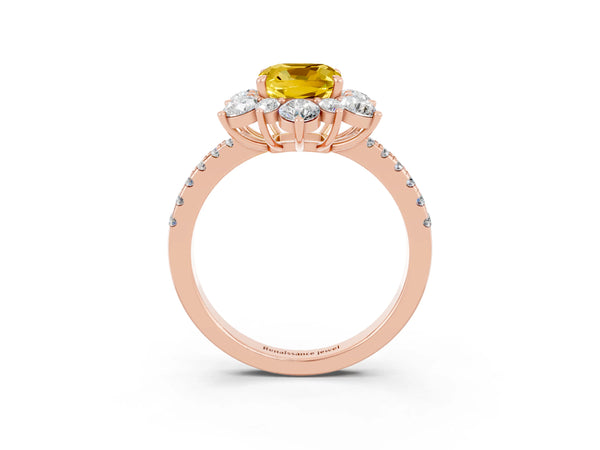 Rose gold Cushion Cut Yellow Sapphire Floral Halo Ring with Round Pavé Band and Prong Setting