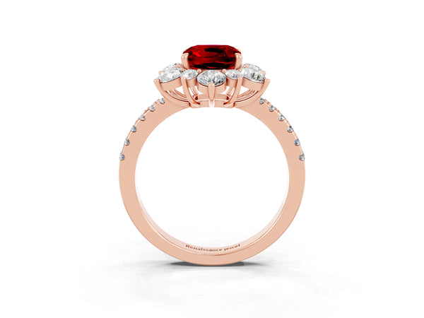Rose gold Cushion Cut Ruby Floral Halo Ring with Round Pavé Band and Prong Setting