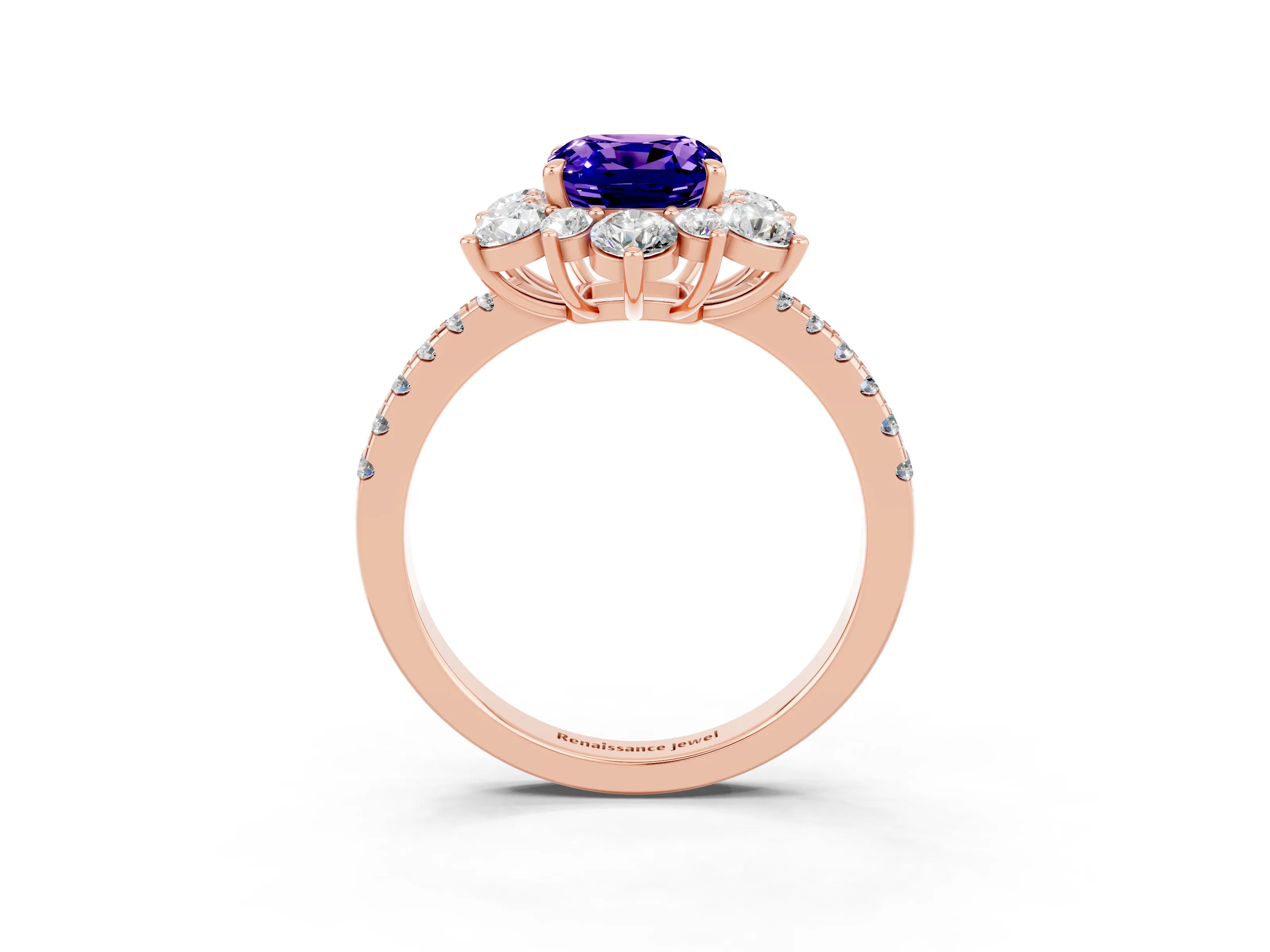 Rose gold Cushion Cut Cut Diamond Floral Halo Pave Band with Prong Setting_3
