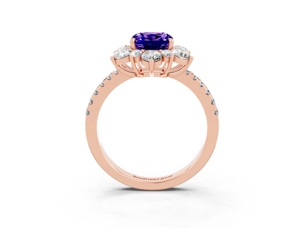 Rose gold Cushion Cut Tanzanite Floral Halo Ring with Round Pavé Band and Prong Setting