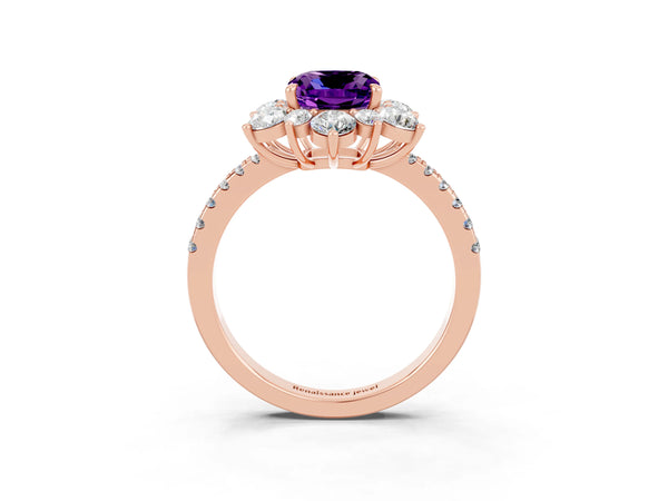 Rose gold Cushion Cut Amethyst Floral Halo Ring with Round Pavé Band and Prong Setting