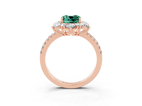 Rose gold Cushion Cut Green Sapphire Floral Halo Ring with Round Pavé Band and Prong Setting