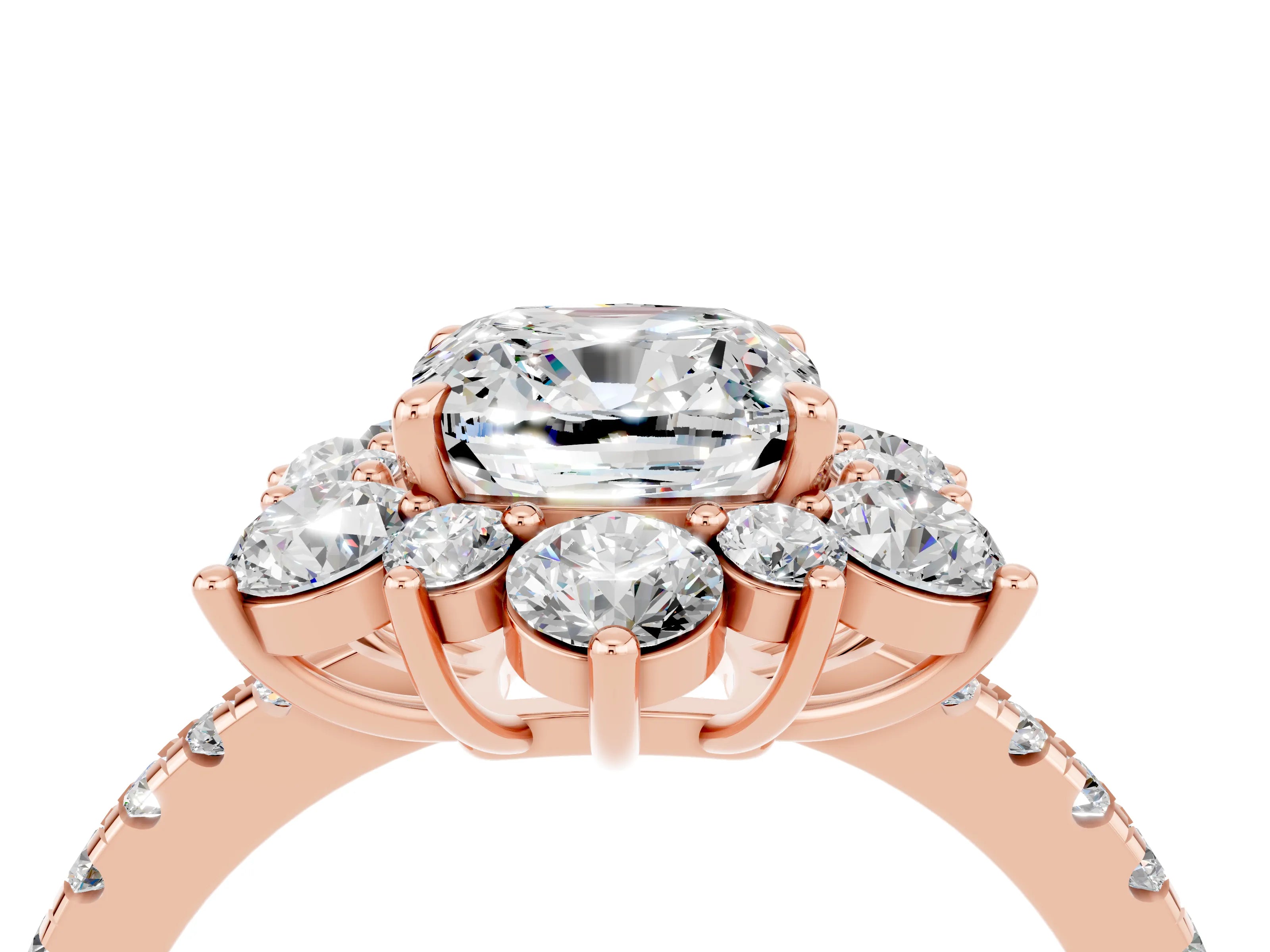 Rose gold Cushion Cut Cut Diamond Floral Halo Pave Band with Prong Setting_4