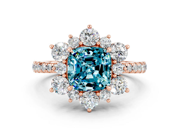 Rose gold Cushion Cut Cut Diamond Floral Halo Pave Band with Prong Setting