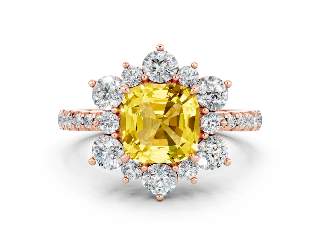 Rose gold Cushion Cut Cut Diamond Floral Halo Pave Band with Prong Setting