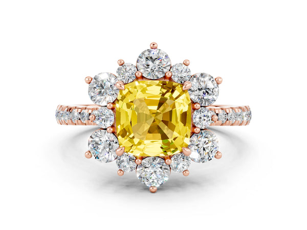 Rose gold Cushion Cut Yellow Sapphire Floral Halo Ring with Round Pavé Band and Prong Setting