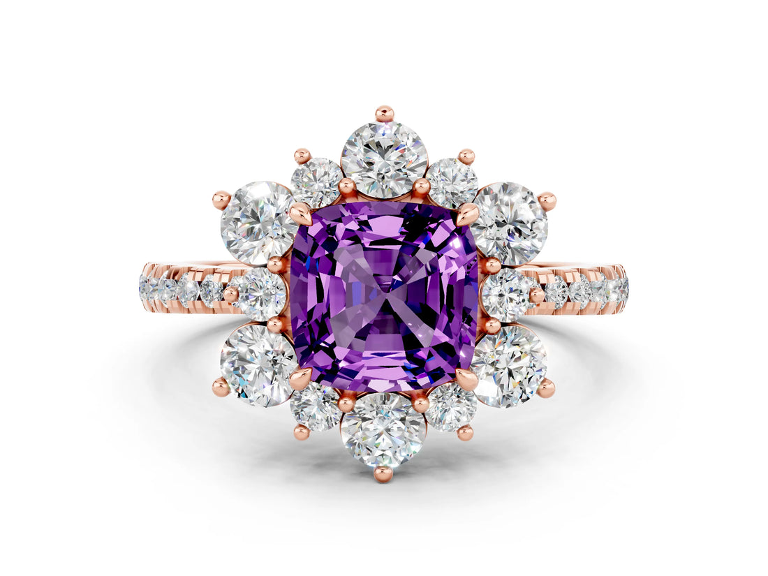Rose gold Cushion Cut Cut Diamond Floral Halo Pave Band with Prong Setting