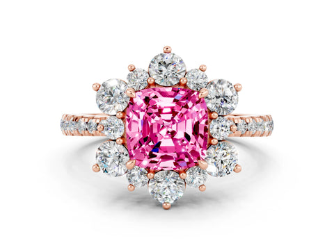 Rose gold Cushion Cut Cut Diamond Floral Halo Pave Band with Prong Setting