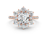 Rose gold Cushion Cut Cut Diamond Floral Halo Pave Band with Prong Setting