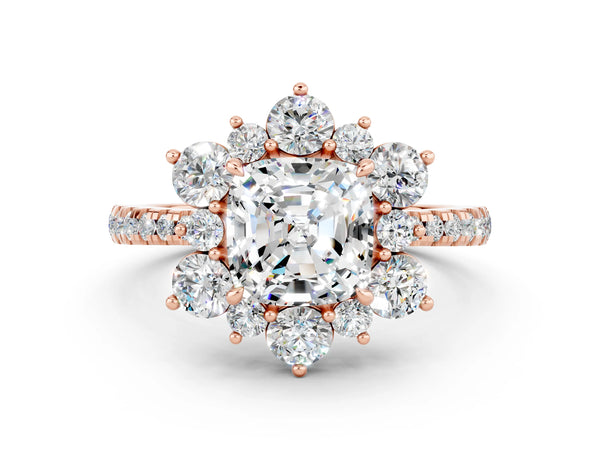 Rose gold Cushion Cut Moissanite Floral Halo Ring with Round Pavé Band and Prong Setting