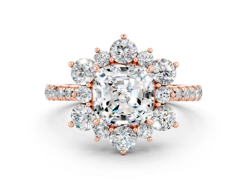 Rose gold Cushion Cut Cut Diamond Floral Halo Pave Band with Prong Setting
