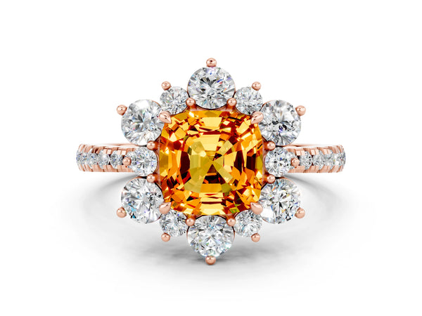 Rose gold Cushion Cut Citrine Floral Halo Ring with Round Pavé Band and Prong Setting