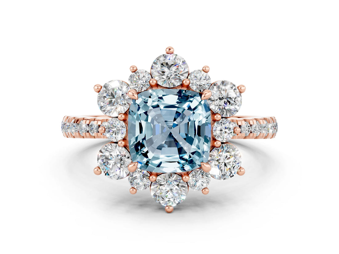 Rose gold Cushion Cut Cut Diamond Floral Halo Pave Band with Prong Setting