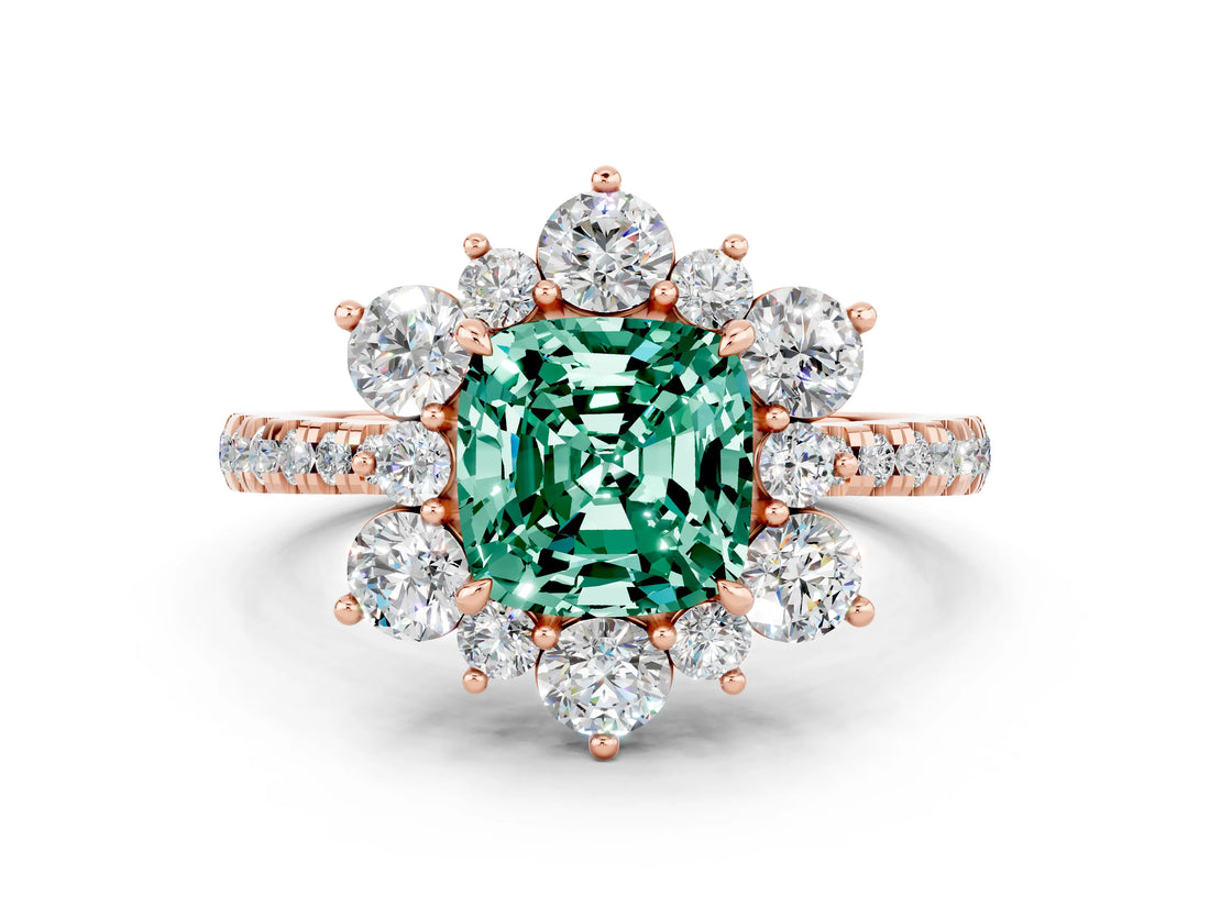 Rose gold Cushion Cut Cut Diamond Floral Halo Pave Band with Prong Setting