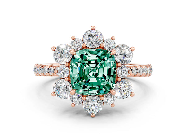 Rose gold Cushion Cut Green Sapphire Floral Halo Ring with Round Pavé Band and Prong Setting