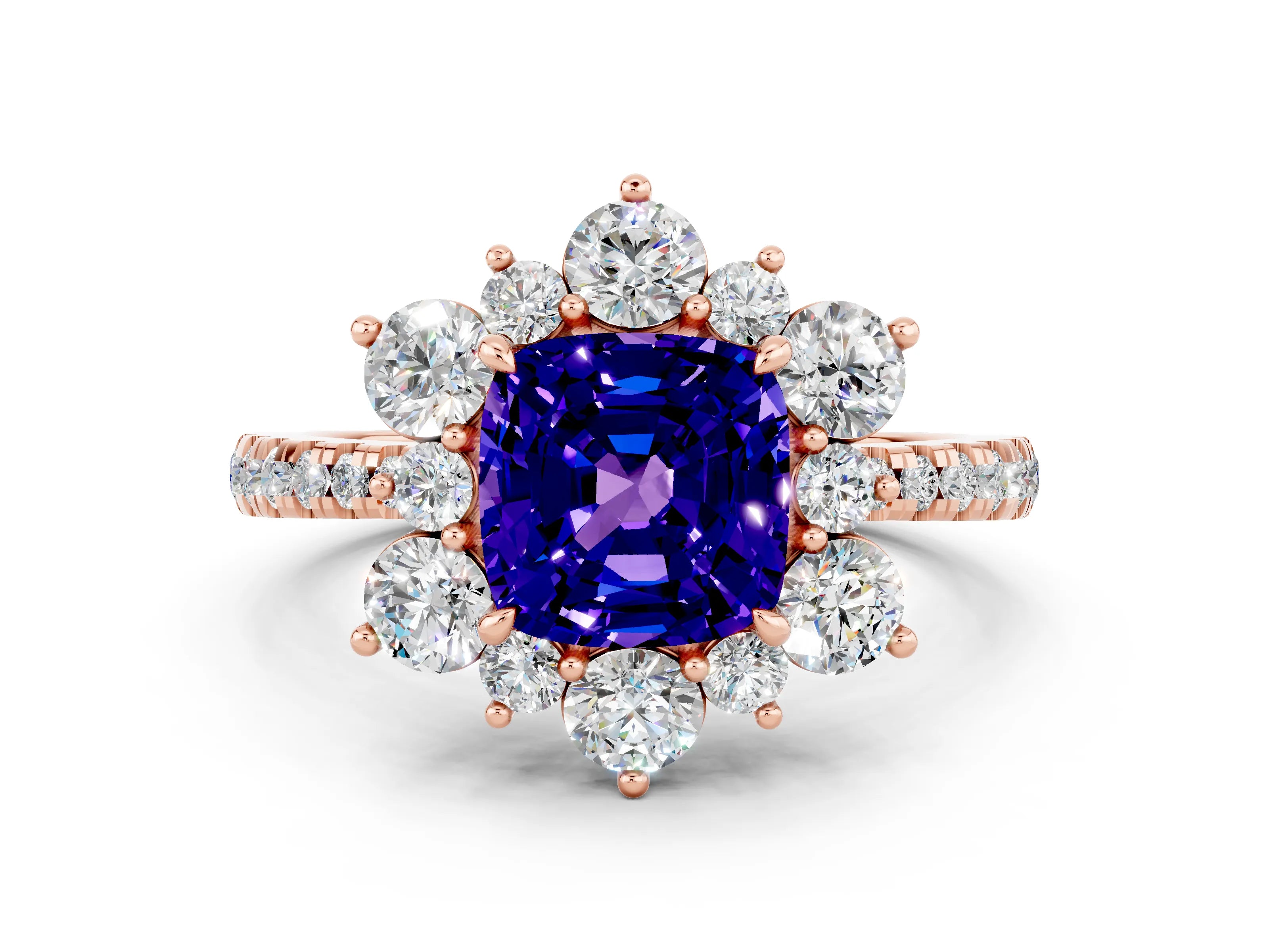 Rose gold Cushion Cut Cut Diamond Floral Halo Pave Band with Prong Setting