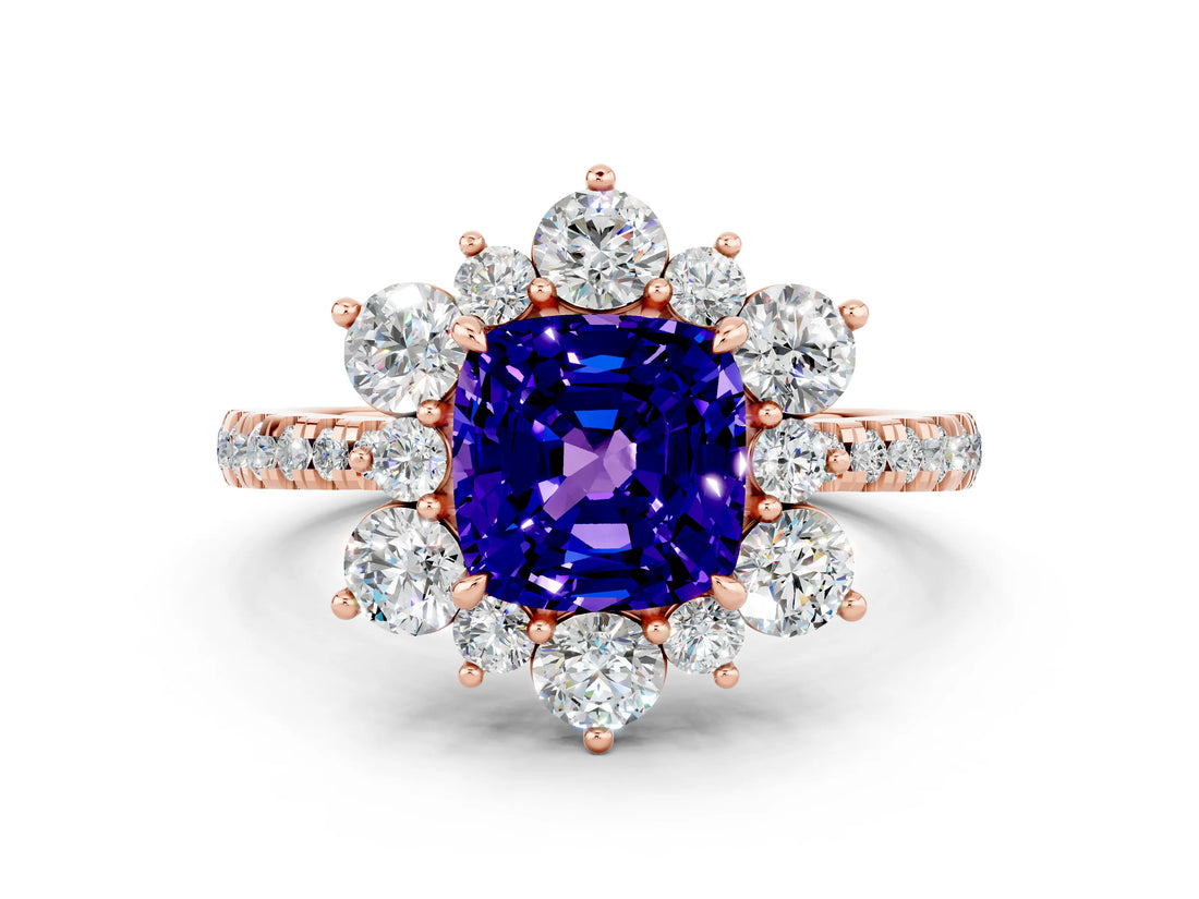 Rose gold Cushion Cut Cut Diamond Floral Halo Pave Band with Prong Setting