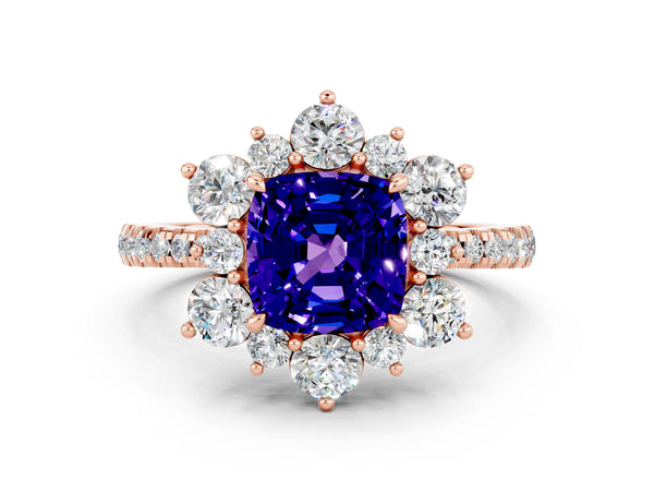 Rose gold Cushion Cut Tanzanite Floral Halo Ring with Round Pavé Band and Prong Setting