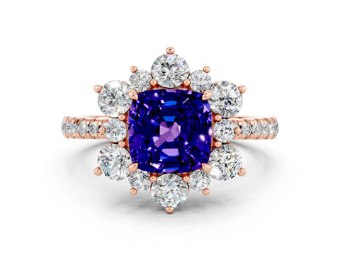 Rose gold Cushion Cut Cut Diamond Floral Halo Pave Band with Prong Setting
