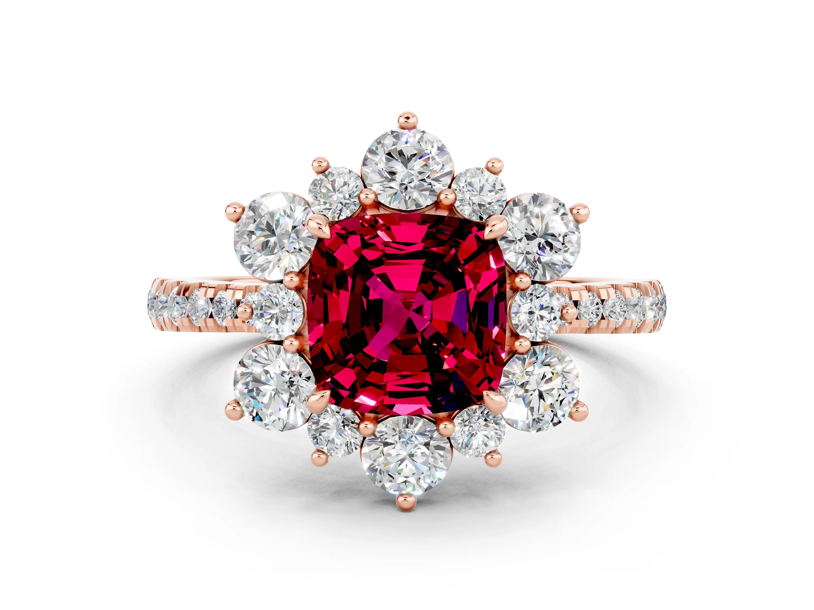 Rose gold Cushion Cut Cut Diamond Floral Halo Pave Band with Prong Setting