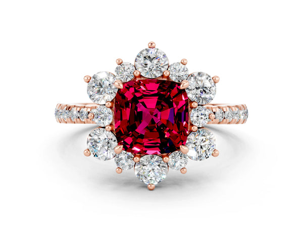 Rose gold Cushion Cut Garnet Floral Halo Ring with Round Pavé Band and Prong Setting