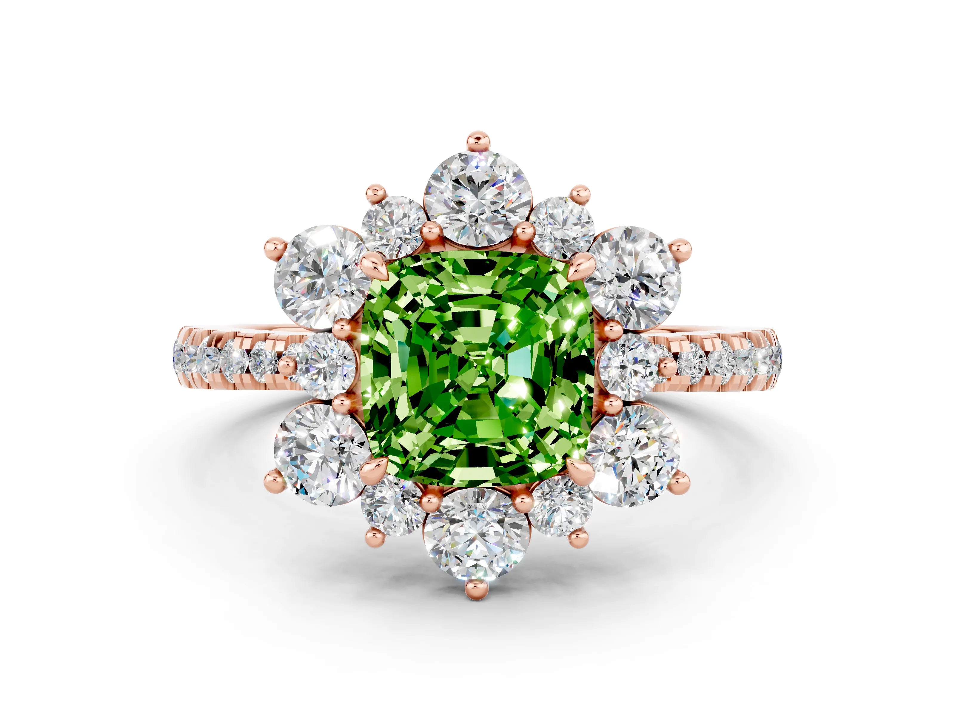 Rose gold Cushion Cut Cut Diamond Floral Halo Pave Band with Prong Setting