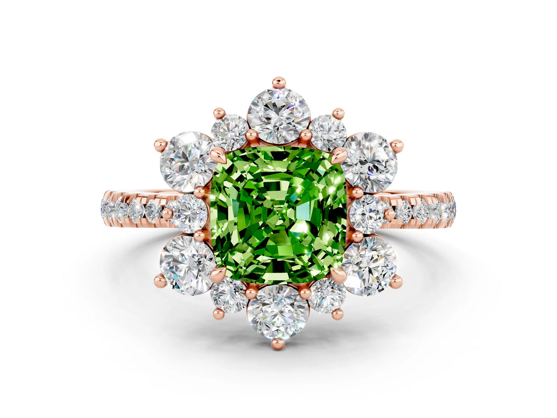 Rose gold Cushion Cut Cut Diamond Floral Halo Pave Band with Prong Setting