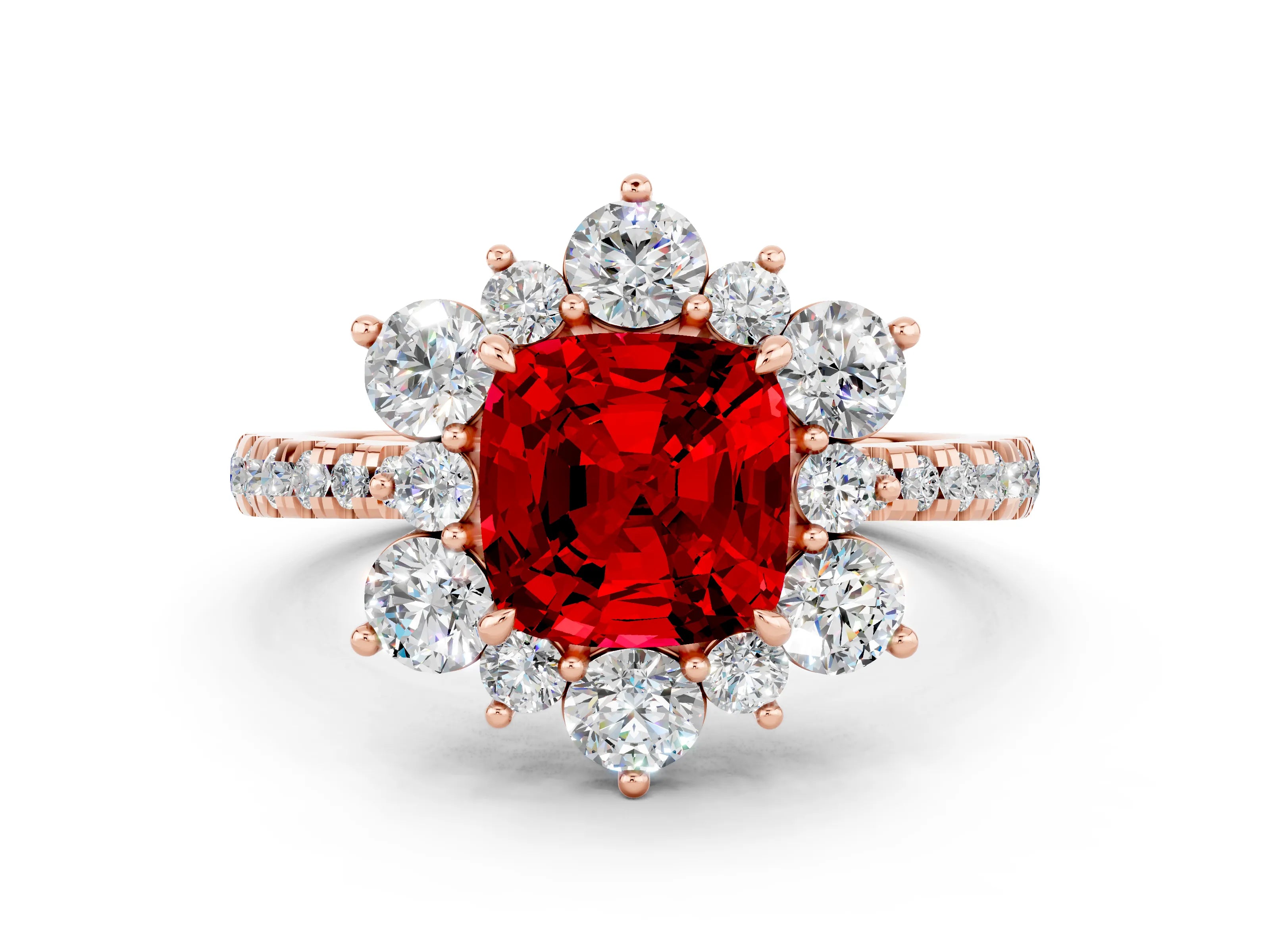 Rose gold Cushion Cut Cut Diamond Floral Halo Pave Band with Prong Setting