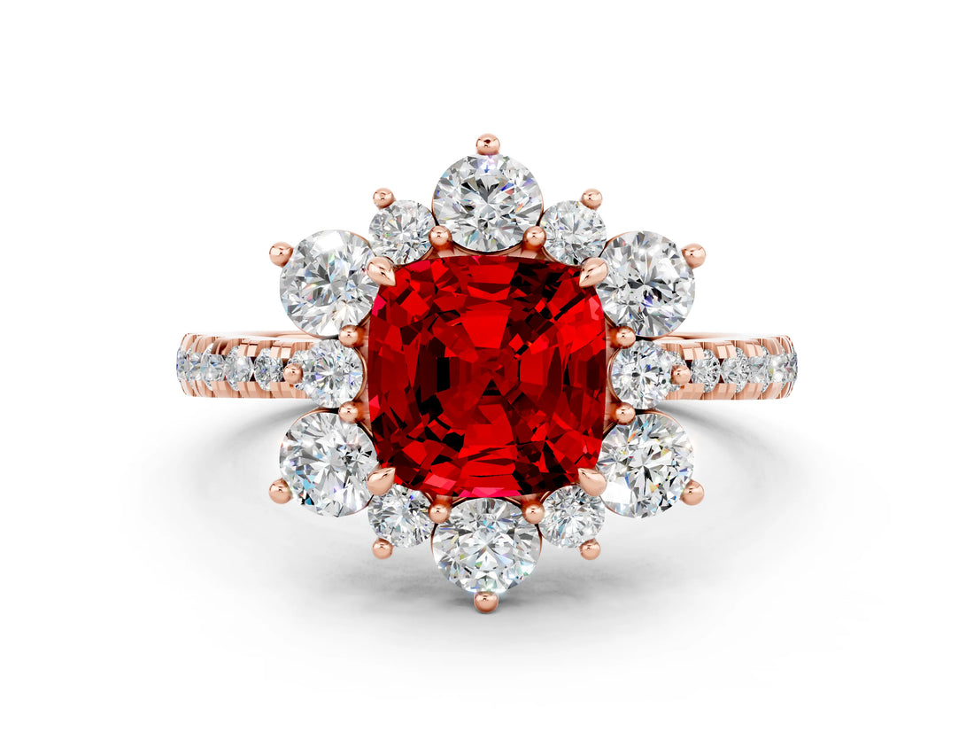 Rose gold Cushion Cut Cut Diamond Floral Halo Pave Band with Prong Setting
