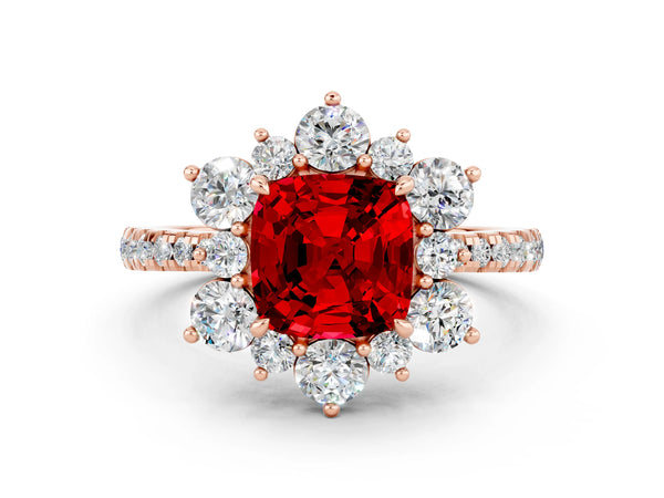 Rose gold Cushion Cut Ruby Floral Halo Ring with Round Pavé Band and Prong Setting