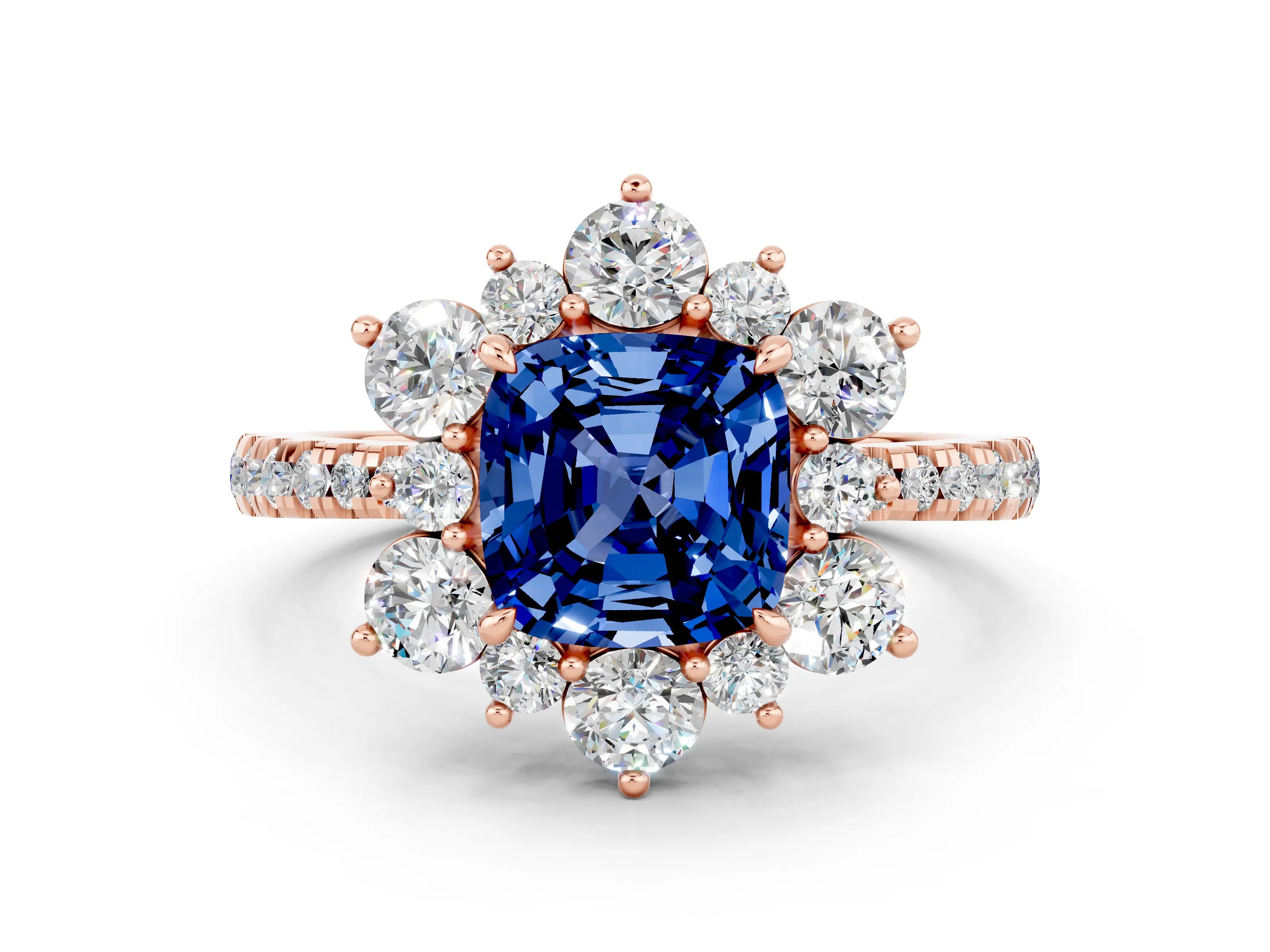 Rose gold Cushion Cut Cut Diamond Floral Halo Pave Band with Prong Setting