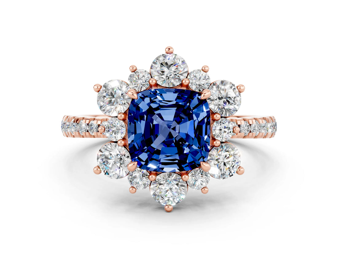 Rose gold Cushion Cut Cut Diamond Floral Halo Pave Band with Prong Setting
