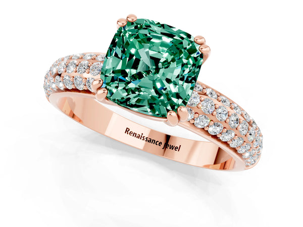 Rose gold Cushion Cut Green Sapphire Vintage Milgrain Ring with Round  Stations