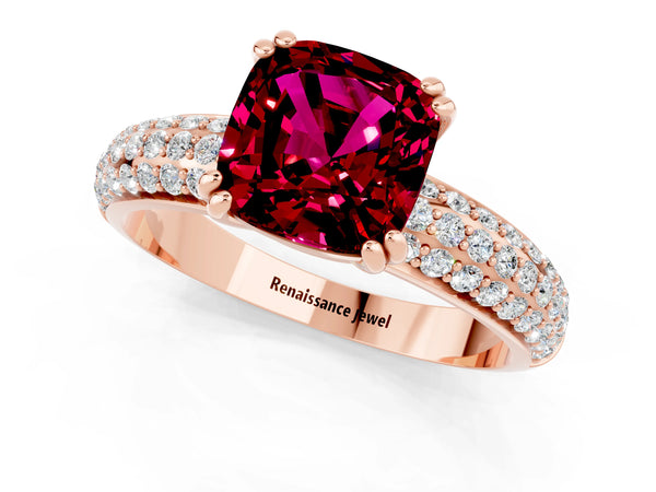 Rose gold Cushion Cut Garnet Vintage Milgrain Ring with Round  Stations