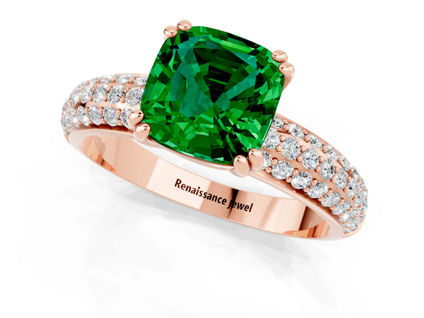 Rose gold Cushion Cut Emerald Vintage Milgrain Ring with Round  Stations
