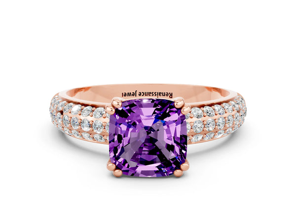 Rose gold Cushion Cut Amethyst Vintage Milgrain Ring with Round  Stations