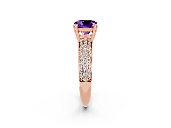 Rose gold Cushion Cut Amethyst Vintage Milgrain Ring with Round  Stations