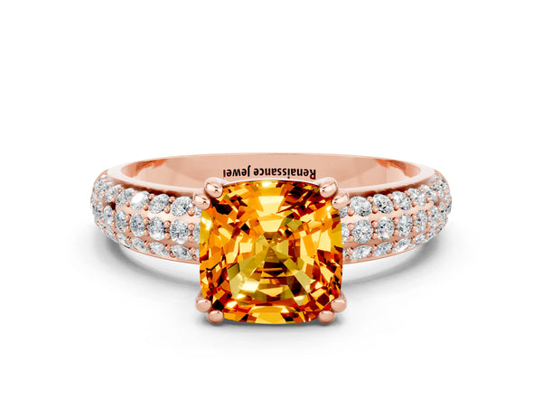 Rose gold Cushion Cut Citrine Vintage Milgrain Ring with Round  Stations