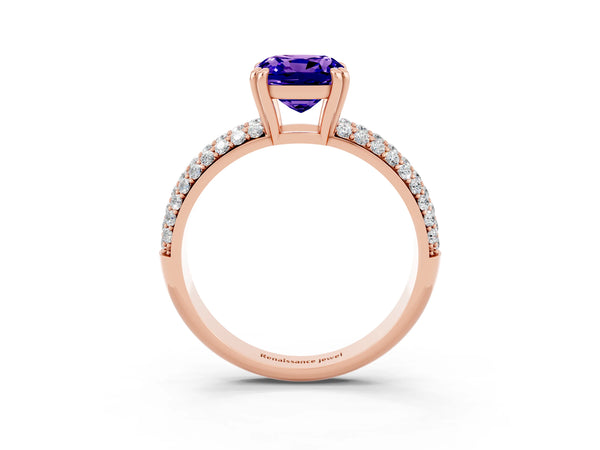 Rose gold Cushion Cut Tanzanite Vintage Milgrain Ring with Round  Stations